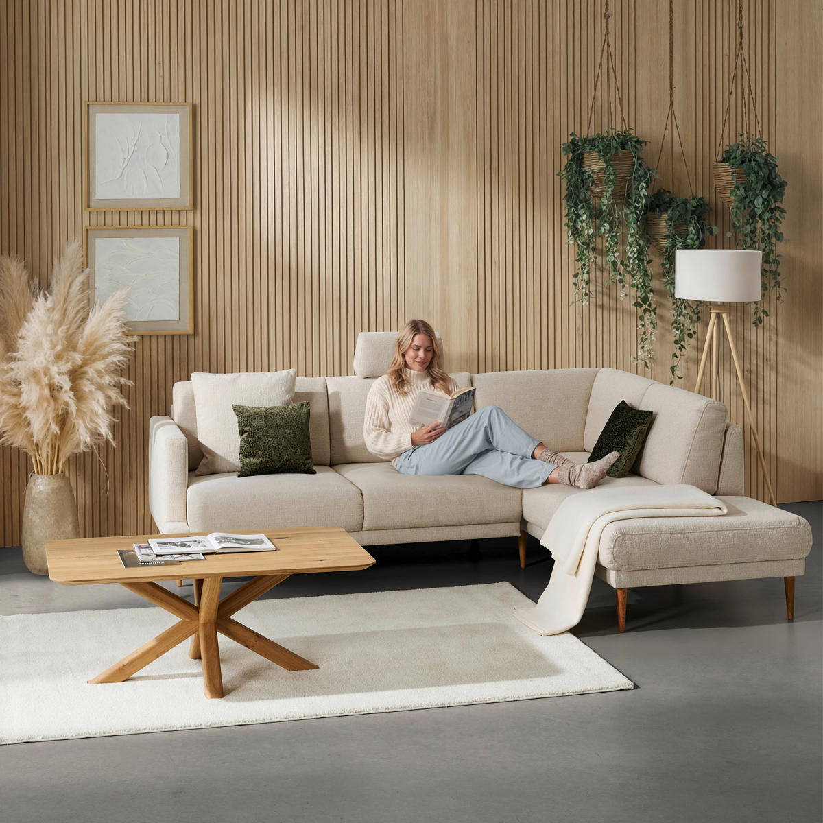 ECKSOFA  in Flachgewebe Beige  255/212 cm  - Eichefarben/Beige, KONVENTIONELL, Holz/Textil (255/212cm) - Valnatura