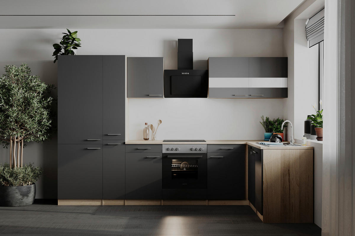ECKKÜCHE  in Grau  - Edelstahlfarben/Eichefarben, Basics, Holzwerkstoff/Metall (310cm) - Respekta