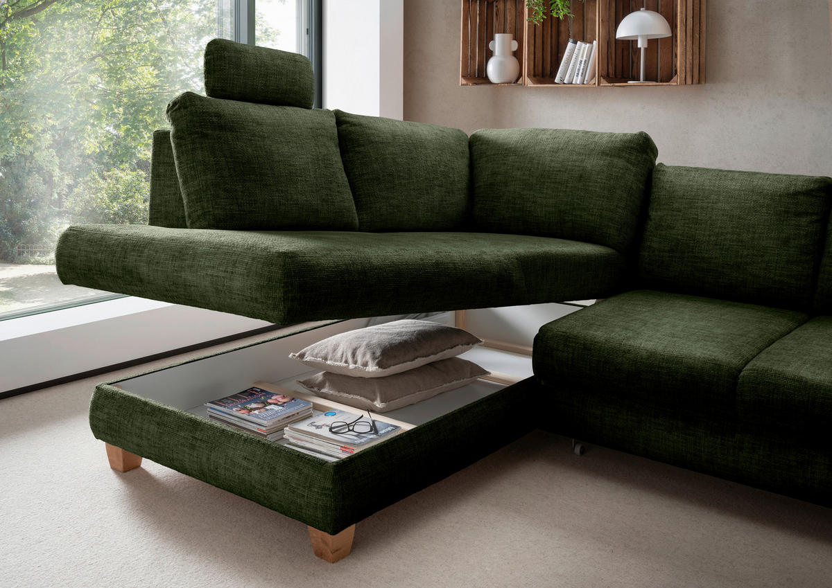 ECKSCHLAFSOFA in Struktur Dunkelgrün  - Wildeiche/Dunkelgrün, Modern, Holz/Textil (206/265cm) - Livetastic