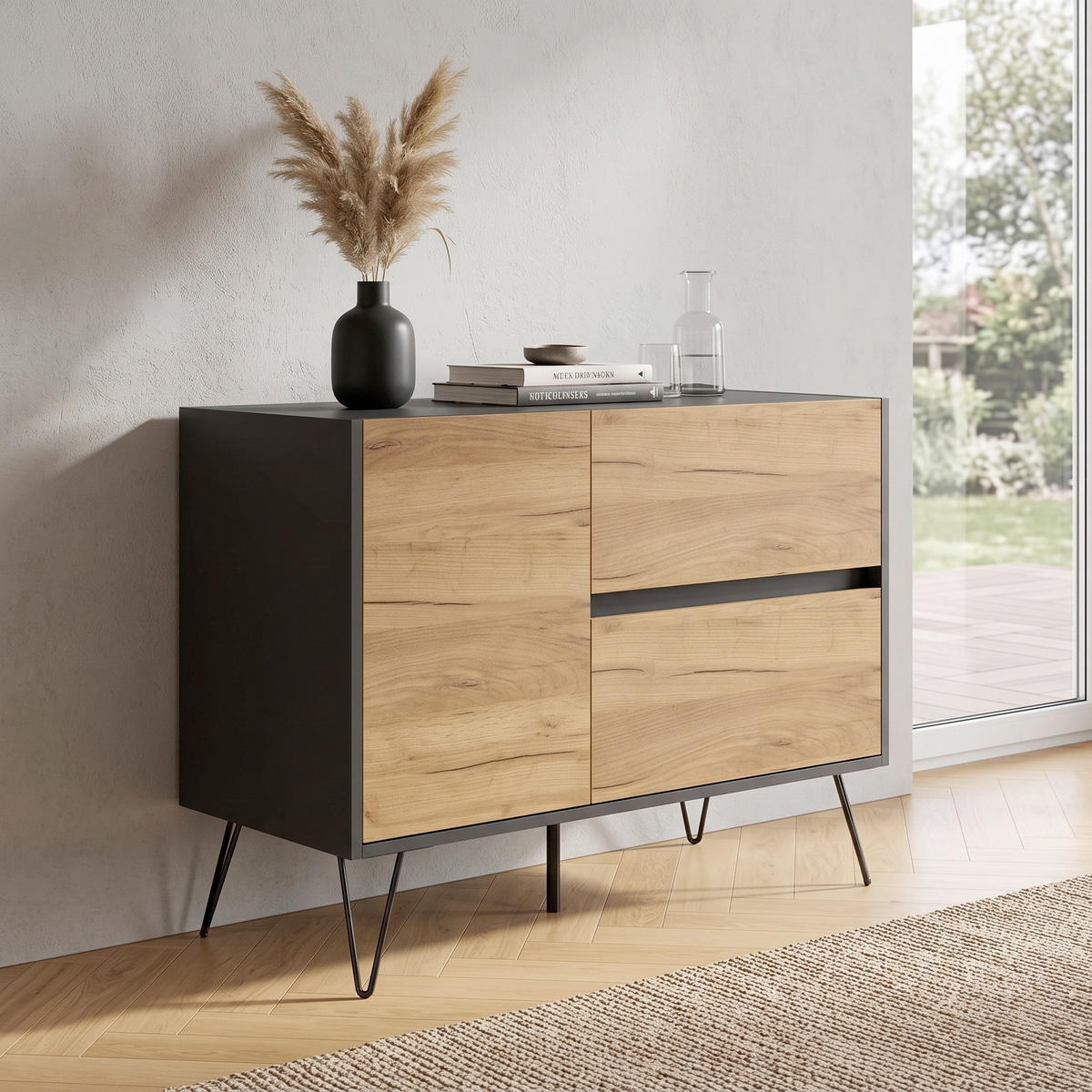 SIDEBOARD Posseik Industrial 99/75,8/42 cm 2 Schublade(n)  - Eichefarben/Graphitfarben, Design, Holzwerkstoff/Metall (99/75,8/42cm) - MID.YOU