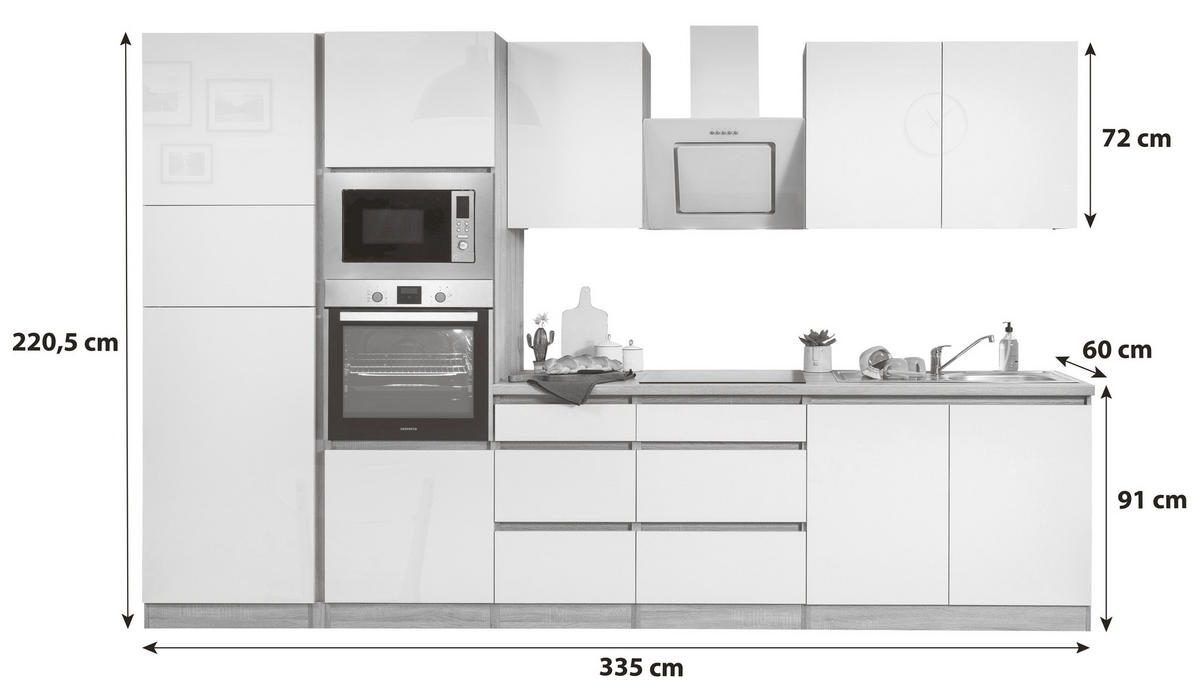 KONYHABLOKK  - tölgyfa színű/magasfényű fehér, Basics, faalapú anyag (335cm) - Respekta
