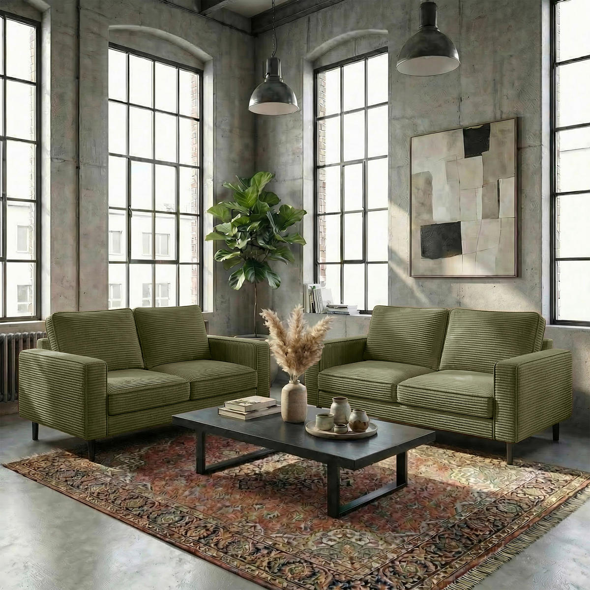 3-SITZER-SOFA  in Cord Olivgrün Modern  - Schwarz/Olivgrün, Design, Textil/Metall (188/85/92cm) - Livetastic