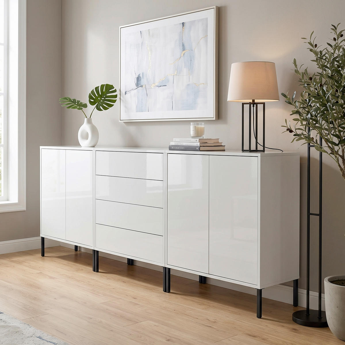 SIDEBOARD Mailand Set 5 + MF 237/86/33 cm 4 Schublade(n)  - Weiß Hochglanz/Anthrazit, MODERN, Holzwerkstoff/Metall (237/86/33cm) - MID.YOU