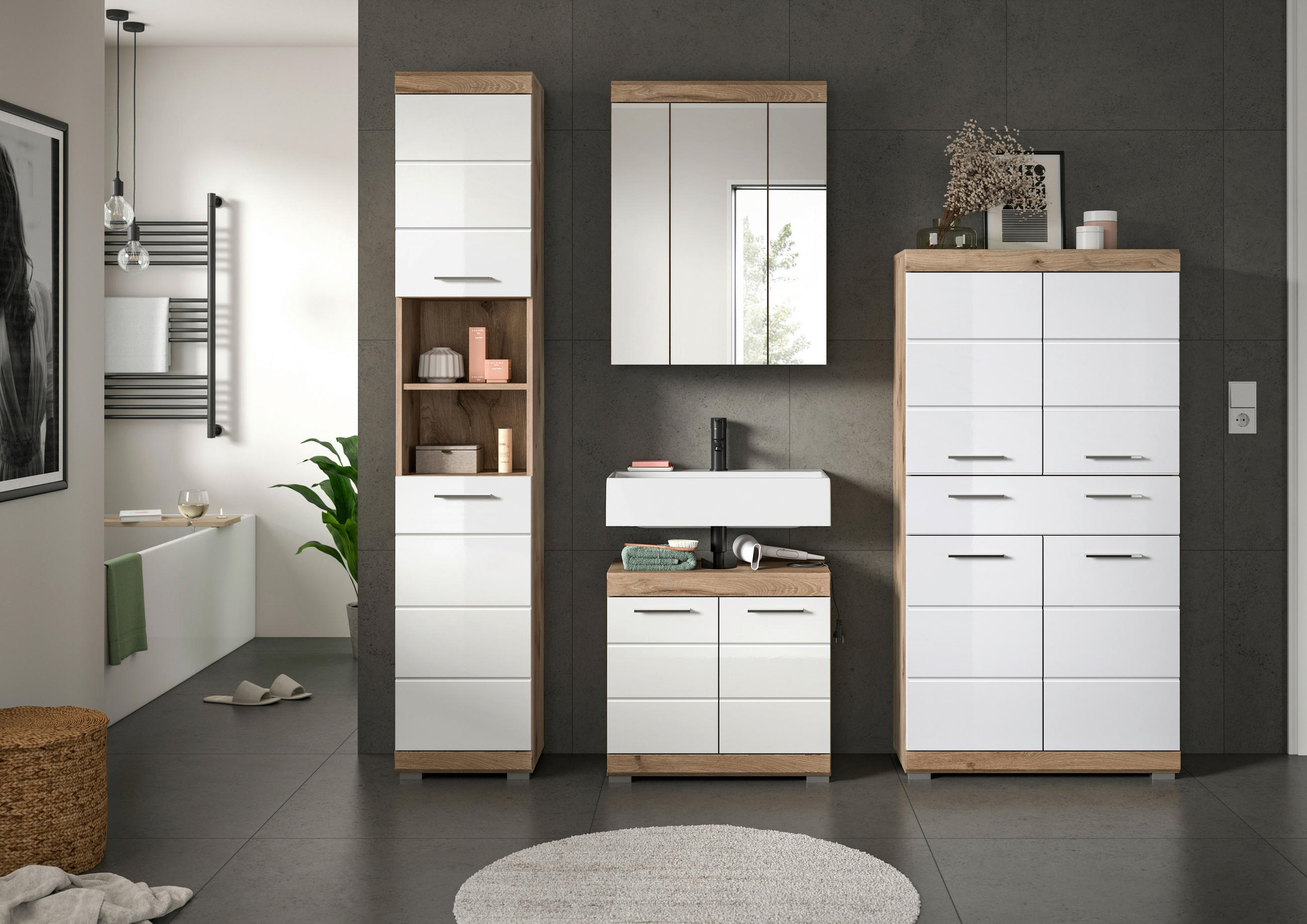 BADEZIMMER 4-teilig in 171 cm - Chromfarben/Eichefarben, MODERN, Glas/Holzwerkstoff (171cm) - MID.YOU