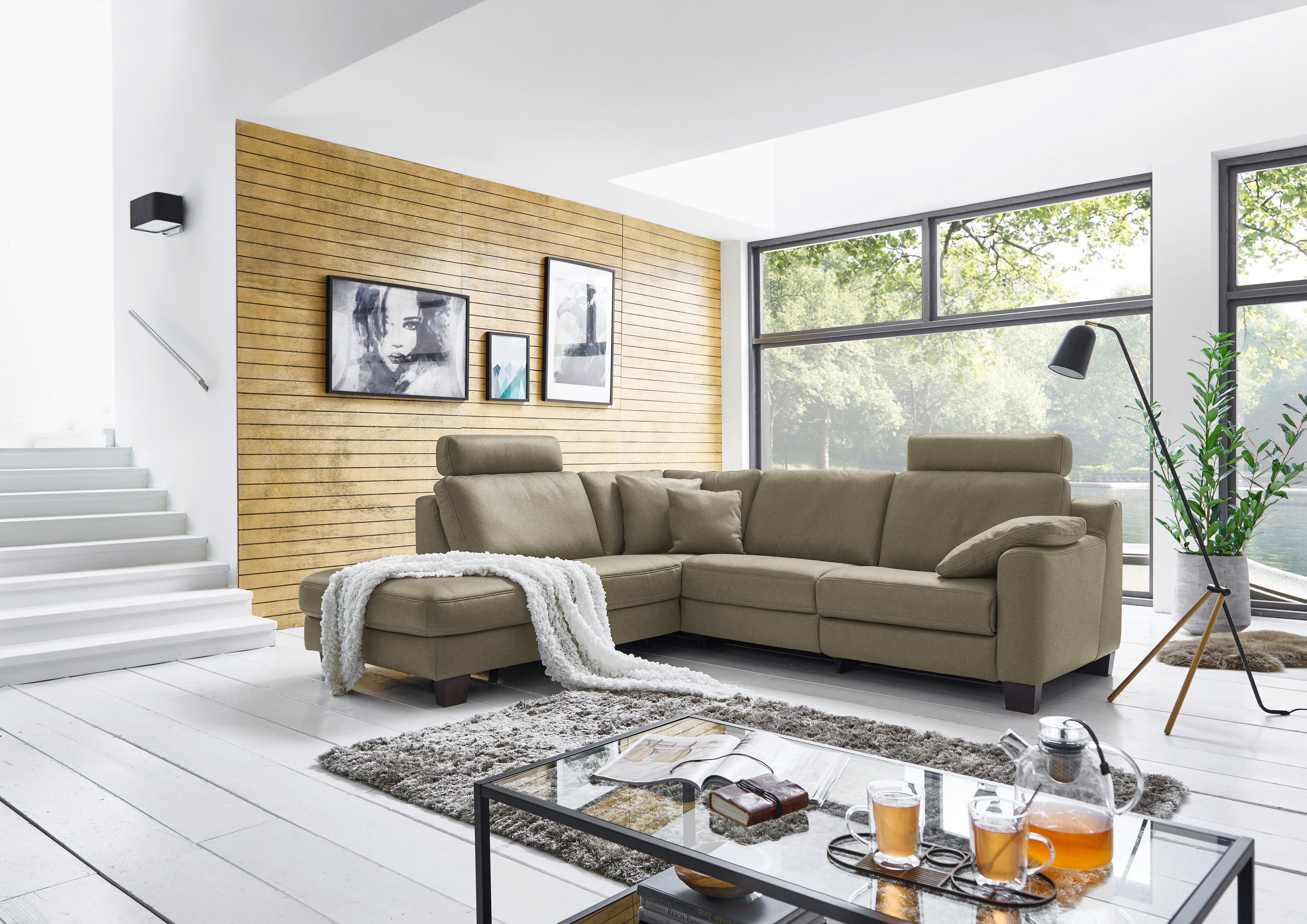 ECKSOFA in Echtleder Olivgrün  - Eichefarben/Olivgrün, Design, Leder/Holz (235/259cm) - Valdera