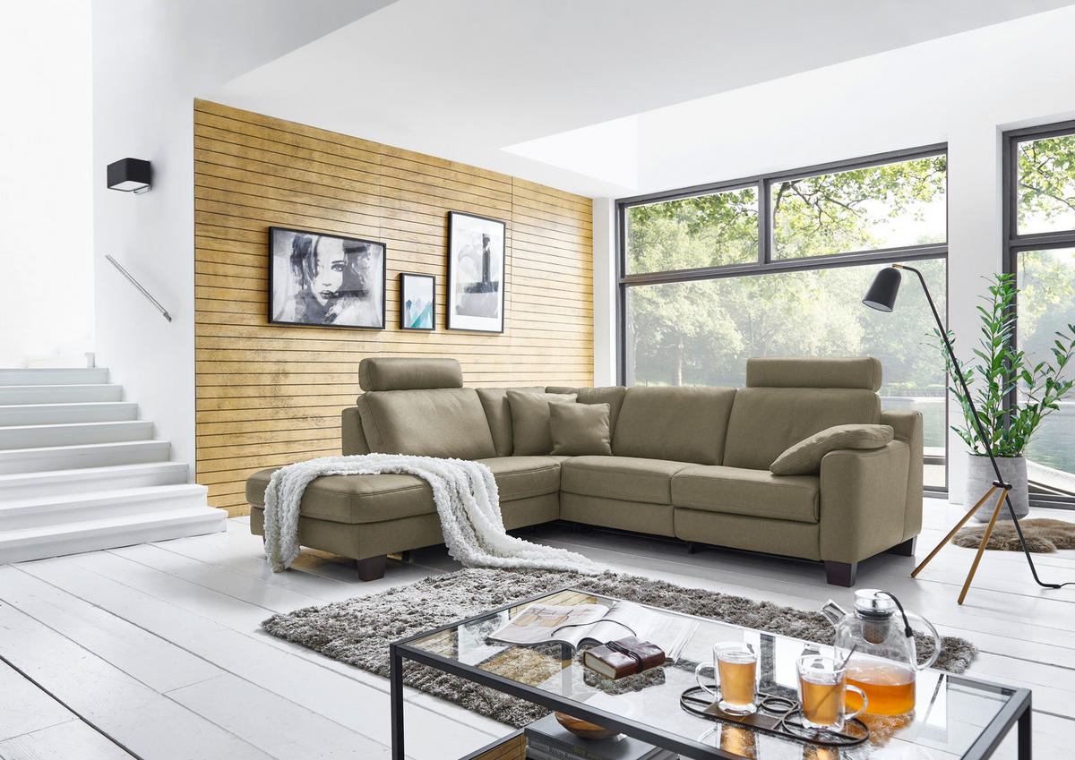 ECKSOFA in Echtleder Olivgrün  - Eichefarben/Olivgrün, Design, Leder/Holz (235/259cm) - Valdera