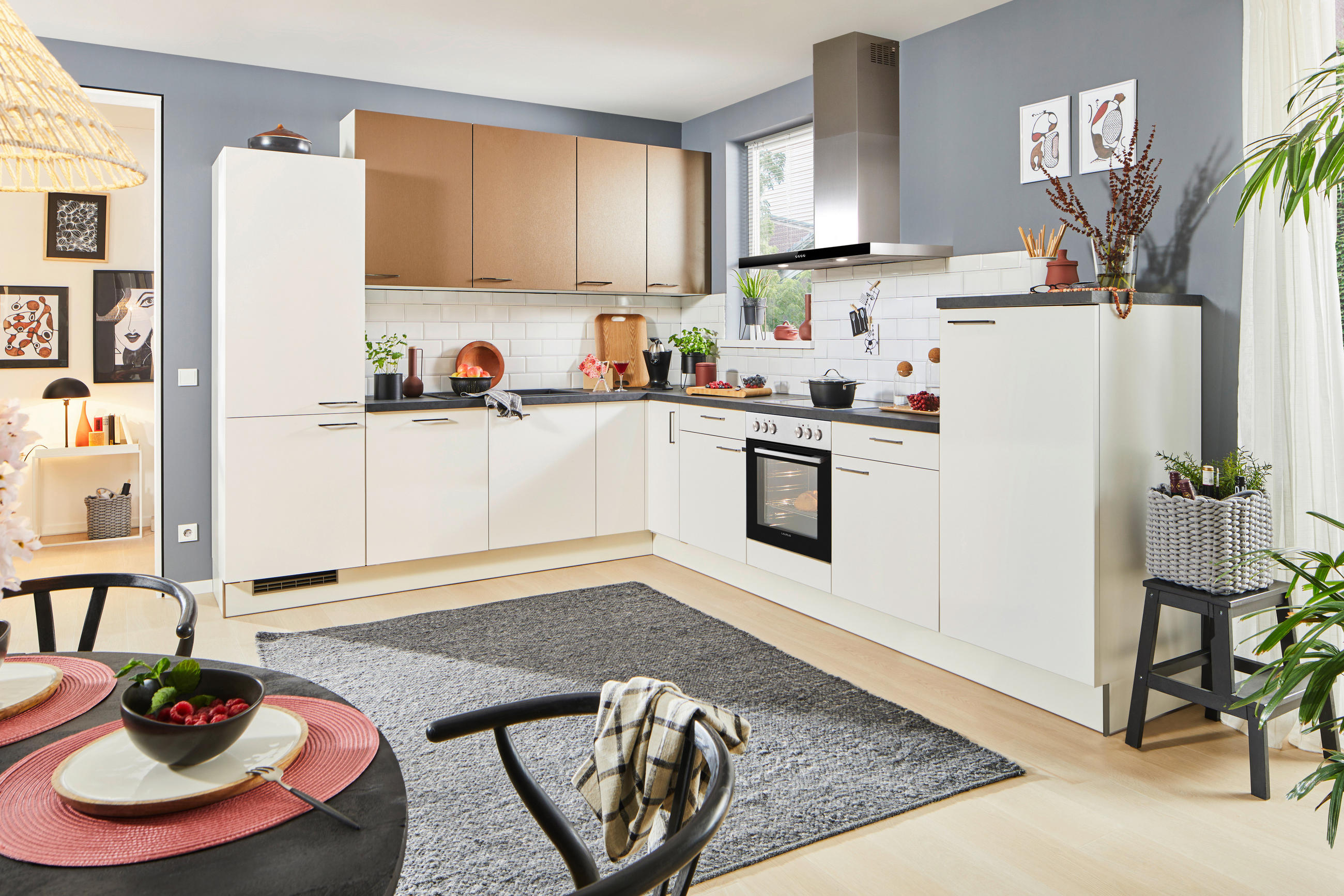 ECKKÜCHE 270/330 cm  in Weiß, Bronzefarben  - Schwarz/Weiß, Design, Holzwerkstoff/Metall (270/330cm) - Xora