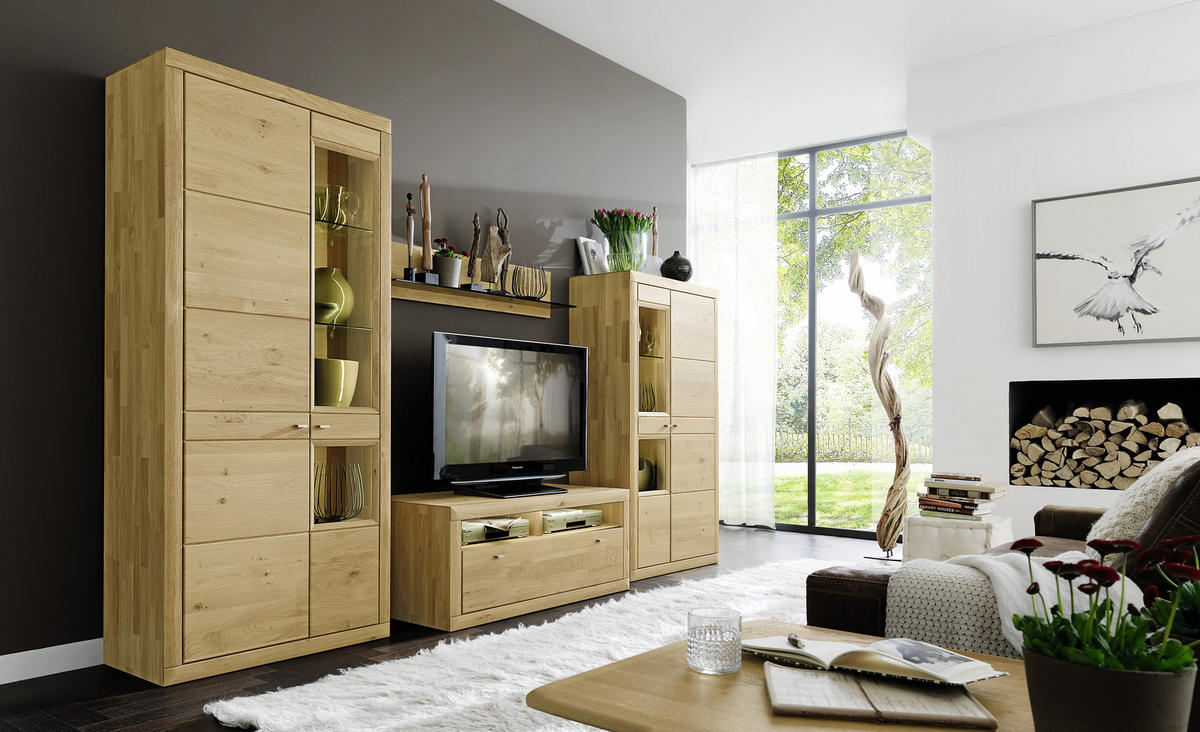 WOHNWAND  in Eichefarben  348,6/205,2/54,9 cm  - Edelstahlfarben/Eichefarben, KONVENTIONELL, Glas/Holz (348,6/205,2/54,9cm) - Valdera