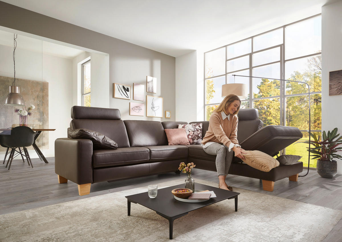 ECKSOFA Echtleder Dunkelbraun  - Eiche Bianco/Dunkelbraun, Natur, Leder/Holz (257/235cm) - Valdera