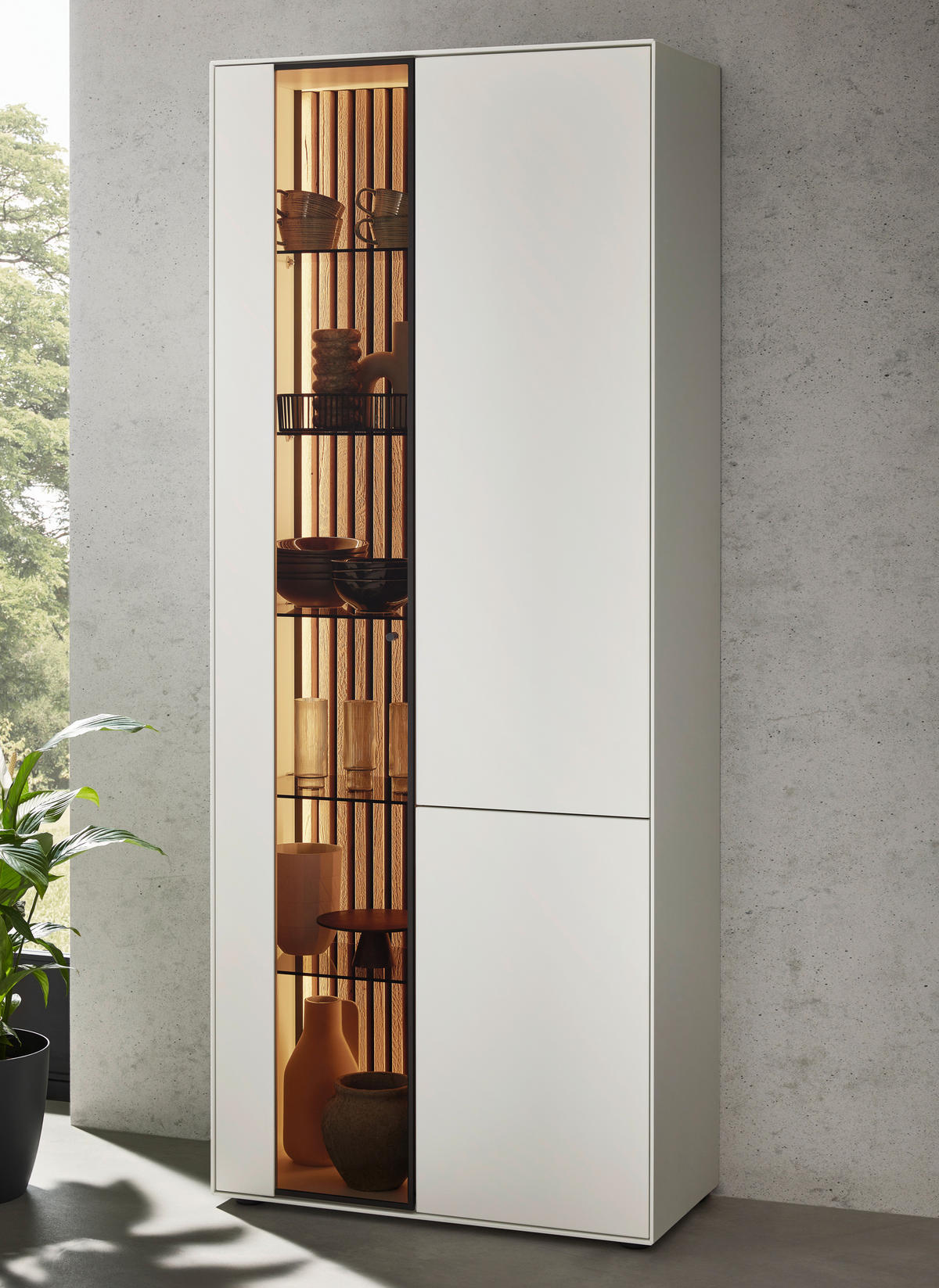 VITRINE  in massiv Kernbirke, Kerneiche Weiß, Eichefarben - Eichefarben/Anthrazit, Design, Glas/Holz (93/205/39cm) - Johann Jakob