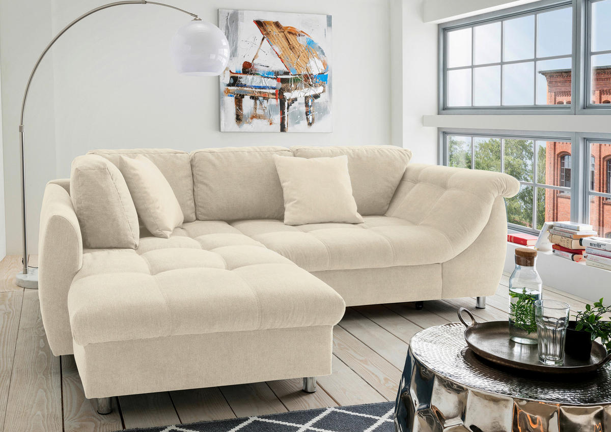 ECKSCHLAFSOFA  mit Liegefunktion, seitenverkehrt erhältlich Mikrofaser Beige  - Chromfarben/Beige, MODERN, Textil/Metall (190/250cm) - Livetastic
