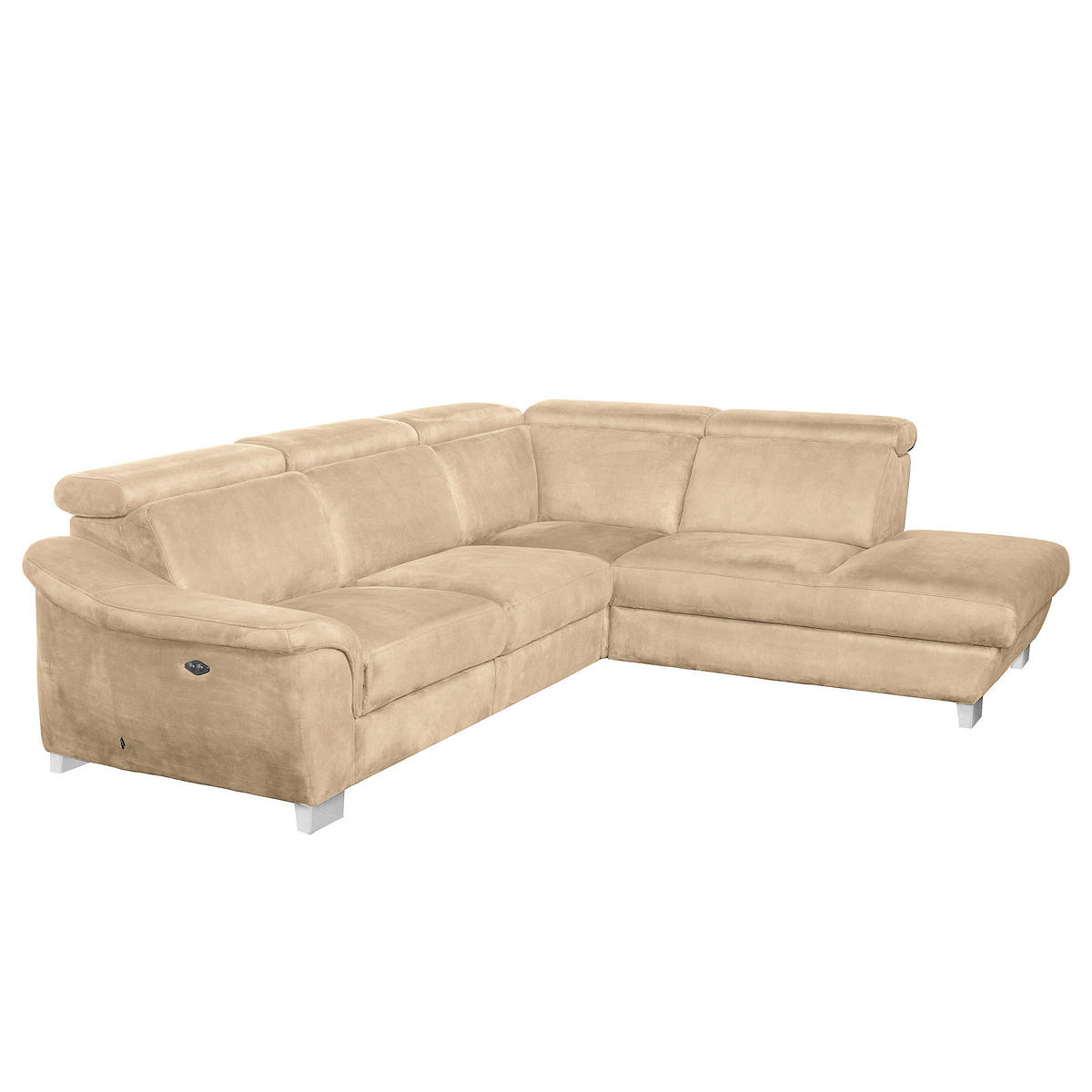 ECKSOFA Beige Mikrofaser Rücken echt, Relaxfunktion, Kopfteilverstellung  - Chromfarben/Beige, Design, Textil/Metall (276/238cm) - Livetastic