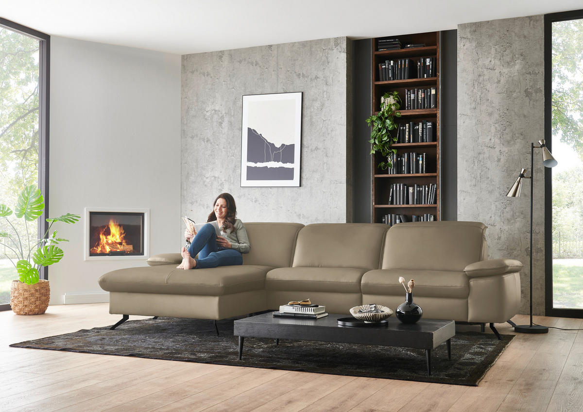 ECKSOFA  Echtleder Schlammfarben  - Schlammfarben/Schwarz, Design, Leder/Metall (169/307cm) - Beldomo Premium