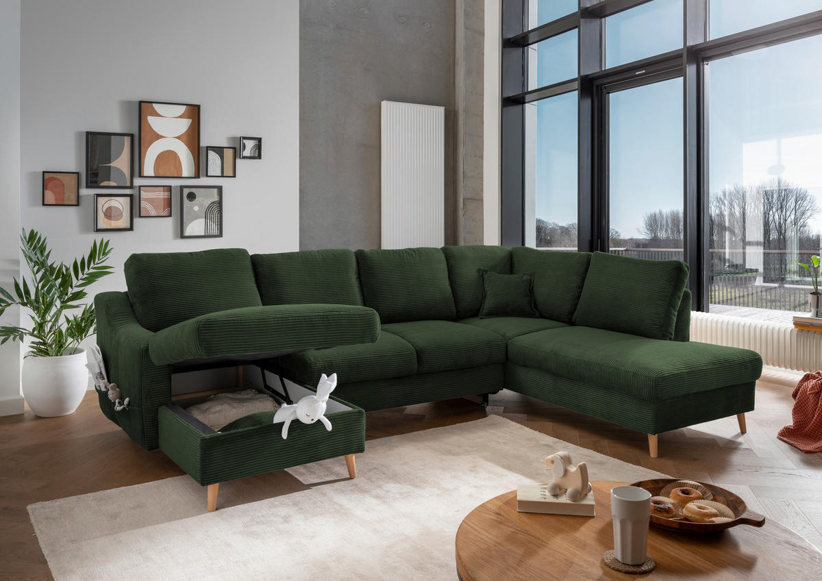 WOHNLANDSCHAFT in Cord Dunkelgrün  - Dunkelgrün/Naturfarben, KONVENTIONELL, Holz/Textil (150/301/200cm) - P & B