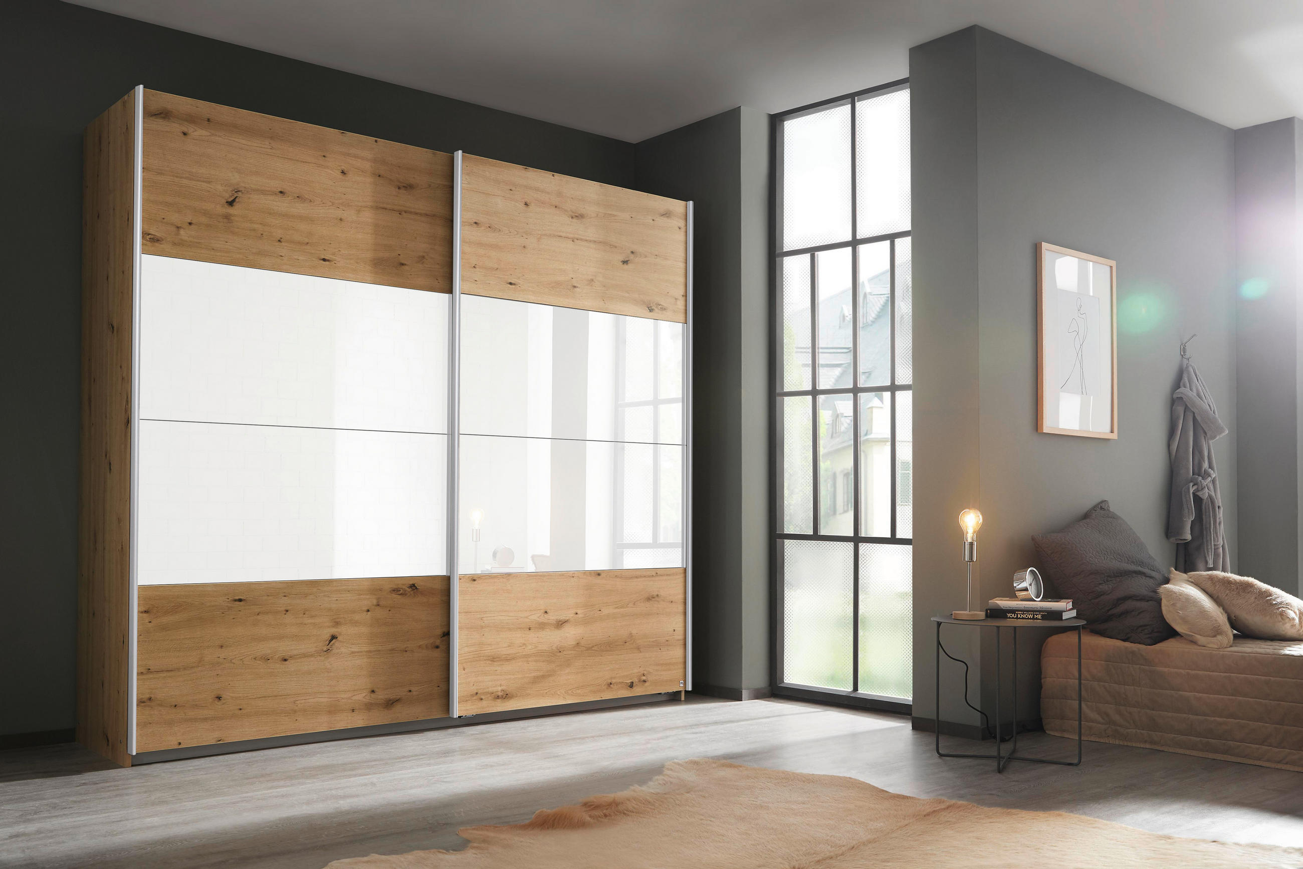 SCHWEBETÜRENSCHRANK  in Weiß, Eiche Artisan  - Alufarben/Eiche Artisan, KONVENTIONELL, Glas/Holzwerkstoff (226/210/62cm) - Xora