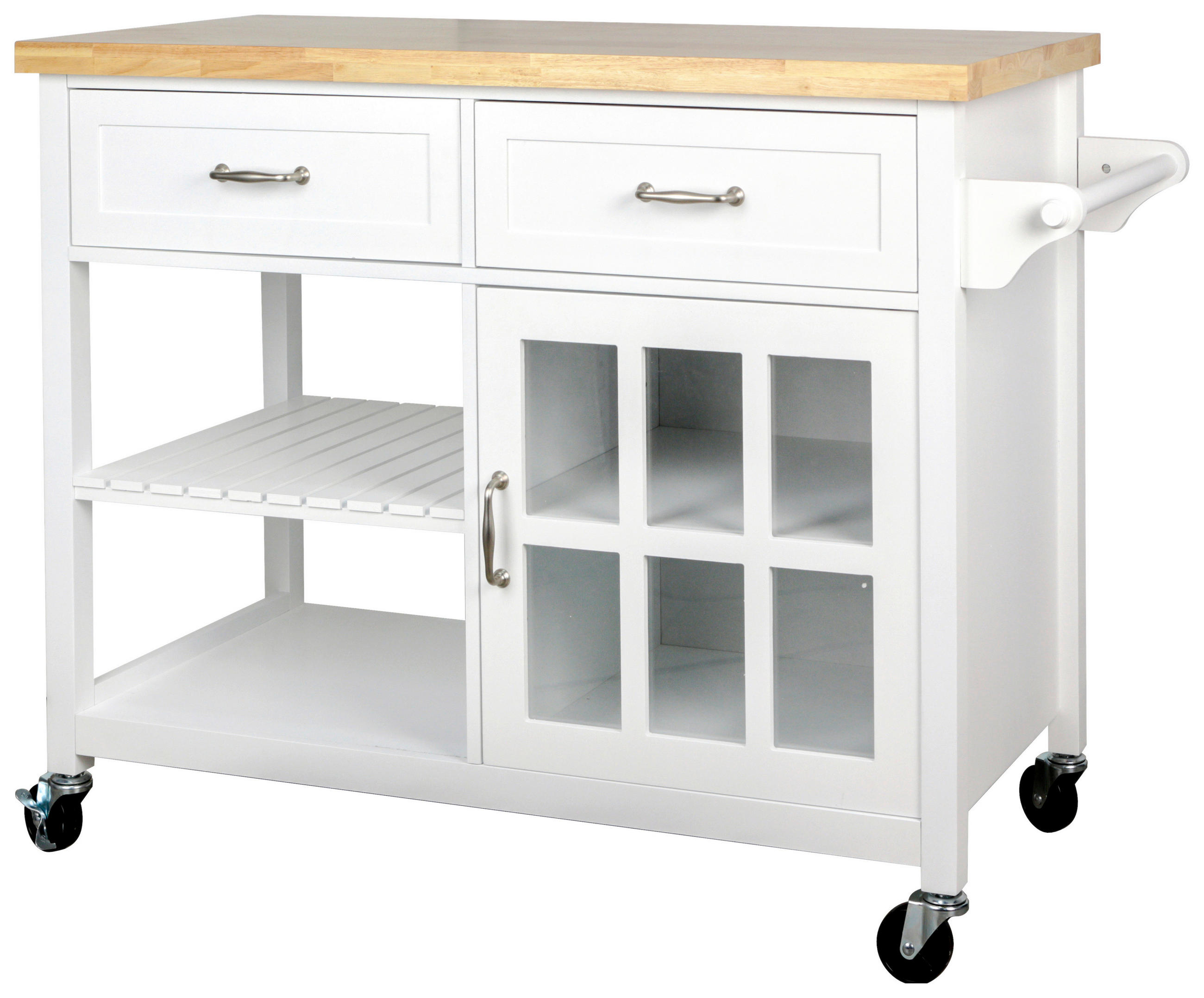 SERVIERWAGEN Kiefer, Kautschukholz massiv Naturfarben, Weiß  - Klar/Silberfarben, Natur, Glas/Holz (117/86/48cm) - Livetastic