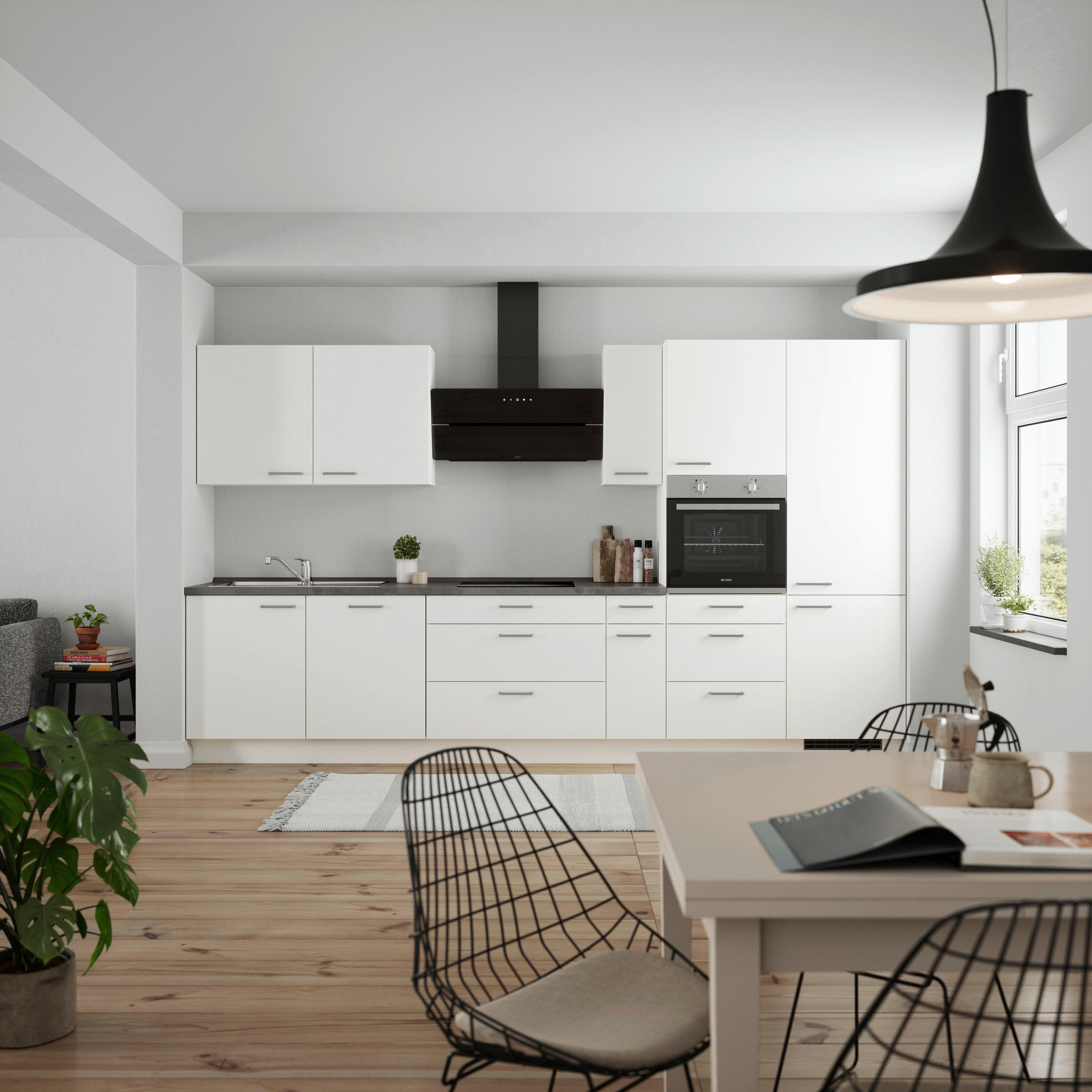 BUCĂTĂRIE FĂRĂ ELECTROCASNICE  - alb/culoare inox, Modern, metal/material pe bază de lemn (360cm) - Nobilia