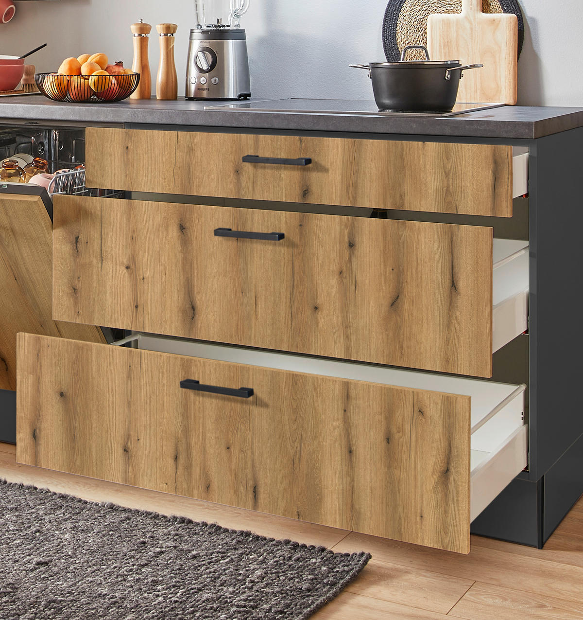 KÜCHENBLOCK PN 100 270 cm  in Graphitfarben, Eichefarben  - Eichefarben/Schwarz, Design, Holzwerkstoff/Metall (270cm) - Pino