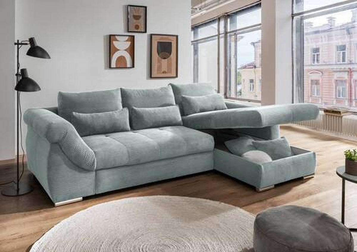 ECKSOFA Hellblau Cord  - Chromfarben/Hellblau, MODERN, Holz/Textil (302/188cm) - MID.YOU