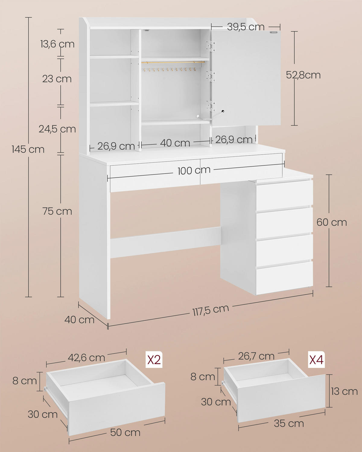 TOALETNÍ STOLEK, bílá, 117,5/40/145 cm - bílá, Basics, kompozitní dřevo (117,5/40/145cm) - Boxxx
