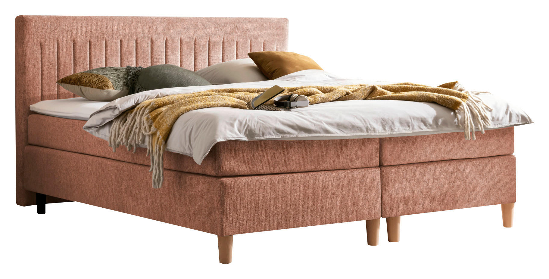BOXSPRINGBETT 180/200 cm,  in Rostfarben, Matratze, Topper, H2 + H2 = mittel  - Rostfarben/Buchefarben, Basics, Holz/Textil (180/200cm) - Boxxx