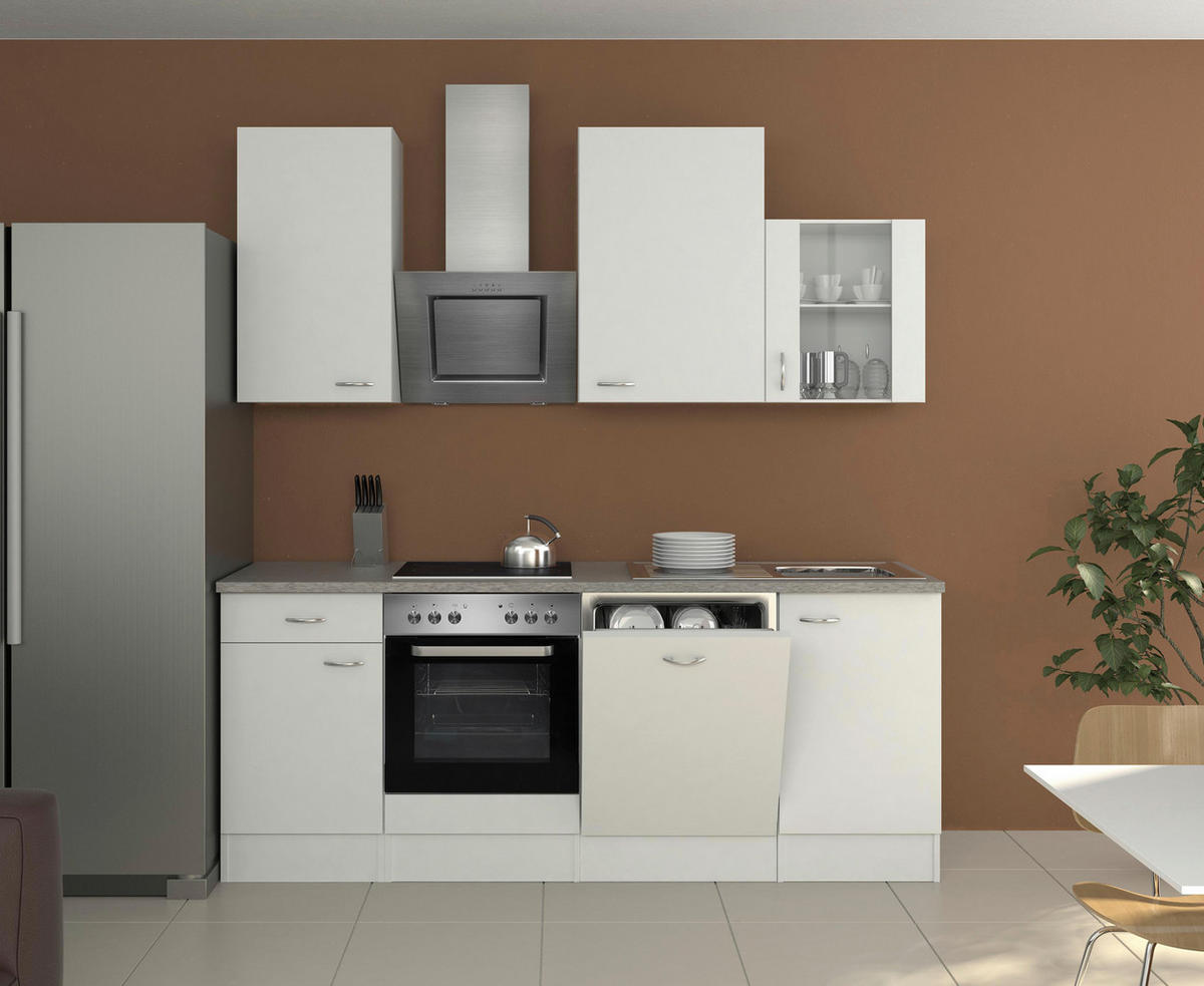 KÜCHENBLOCK 220 cm   in Weiß  - Edelstahlfarben/Hellgrau, MODERN, Glas/Holzwerkstoff (220cm) - FlexWell