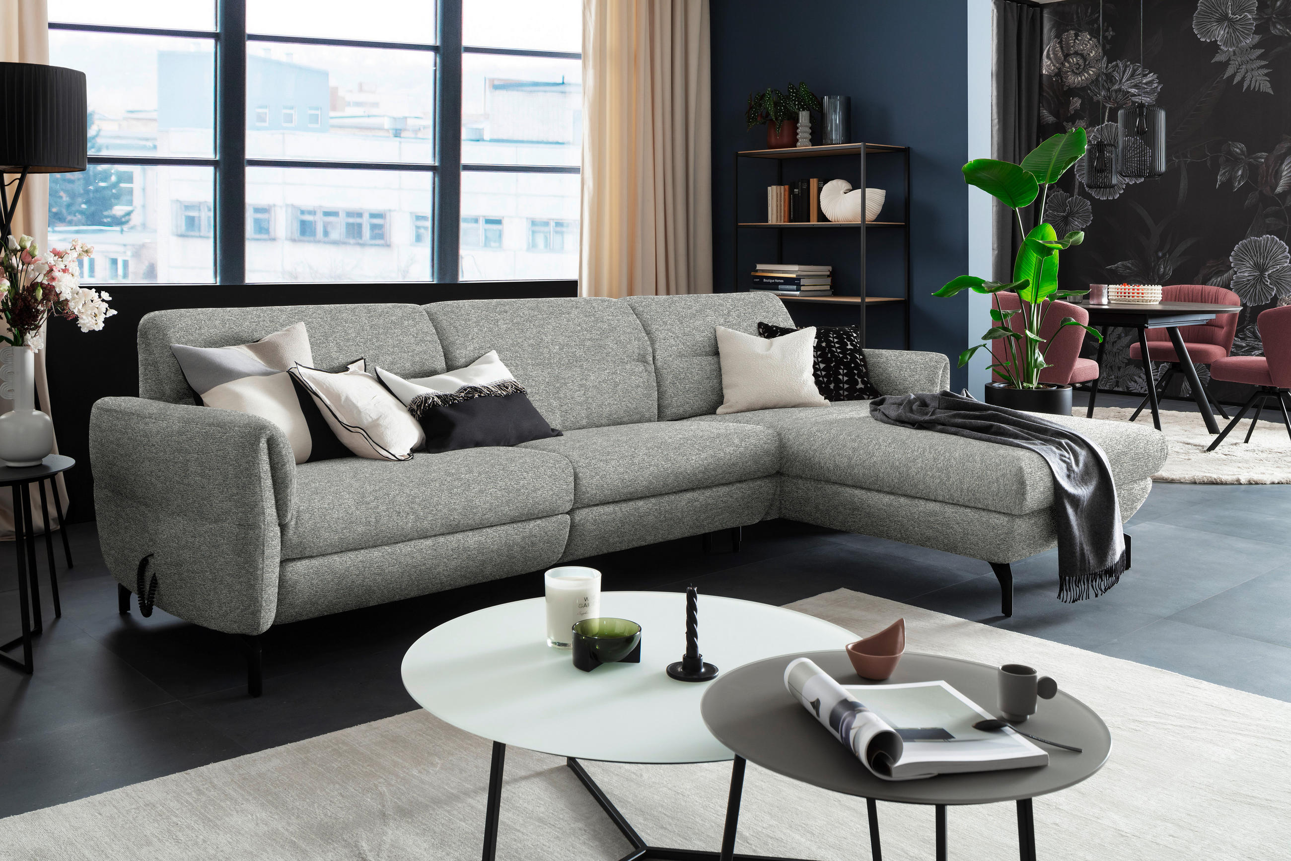 ECKSOFA Hellgrau, Grau Chenille  - Hellgrau/Schwarz, Design, Textil/Metall (299/187cm) - Schöner Wohnen