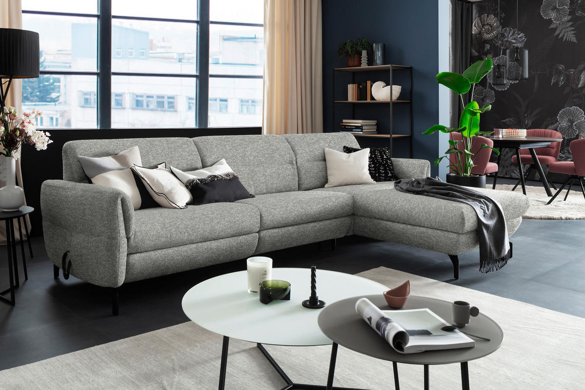 ECKSOFA in Chenille Hellgrau, Grau  299/187 cm  - Hellgrau/Schwarz, Design, Textil/Metall (299/187cm) - Schöner Wohnen