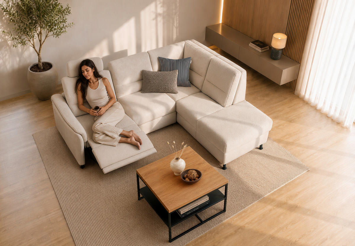 ECKSOFA Creme Chenille Rücken echt  - Creme/Schwarz, Design, Textil/Metall (227/203cm) - Beldomo System