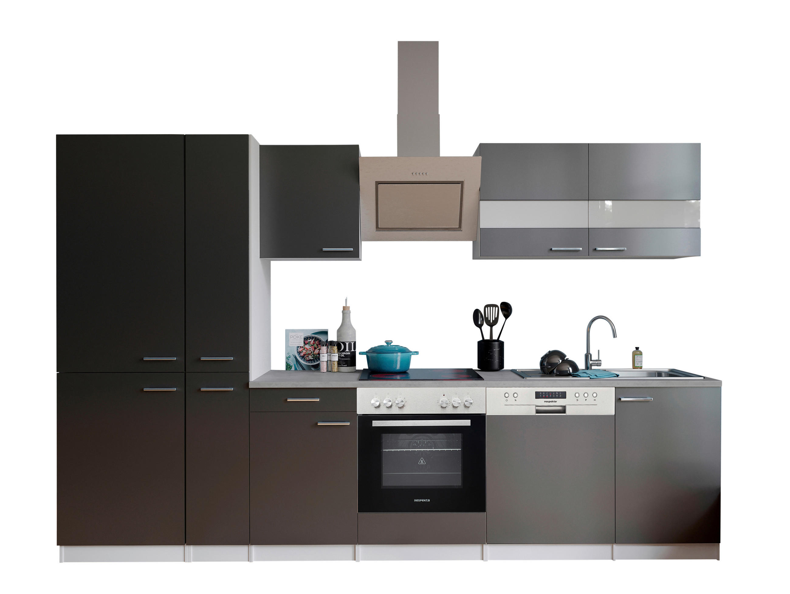 KÜCHENBLOCK 310 cm in Grau - Edelstahlfarben/Graphitfarben, Basics, Holzwerkstoff/Metall (310cm) - Respekta