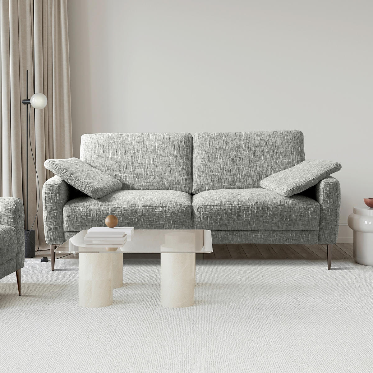 3-SITZER-SOFA Webstoff Grau  - Schwarzchrom/Grau, Design, Textil/Metall (187/85/92cm) - Livetastic