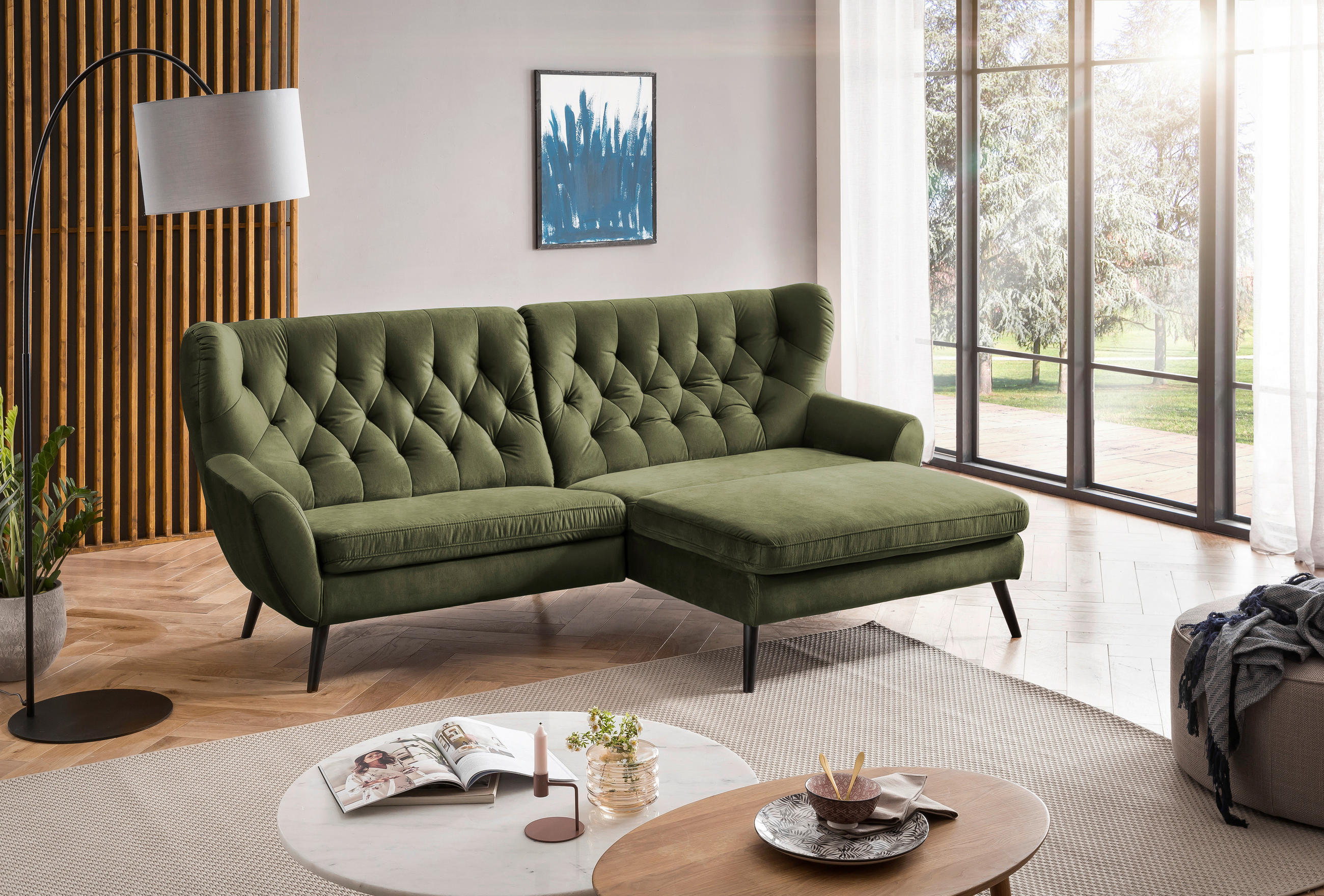 ECKSOFA in Mikrofaser Olivgrün  - Schwarz/Olivgrün, Design, Holz/Textil (237/165cm) - Stylife