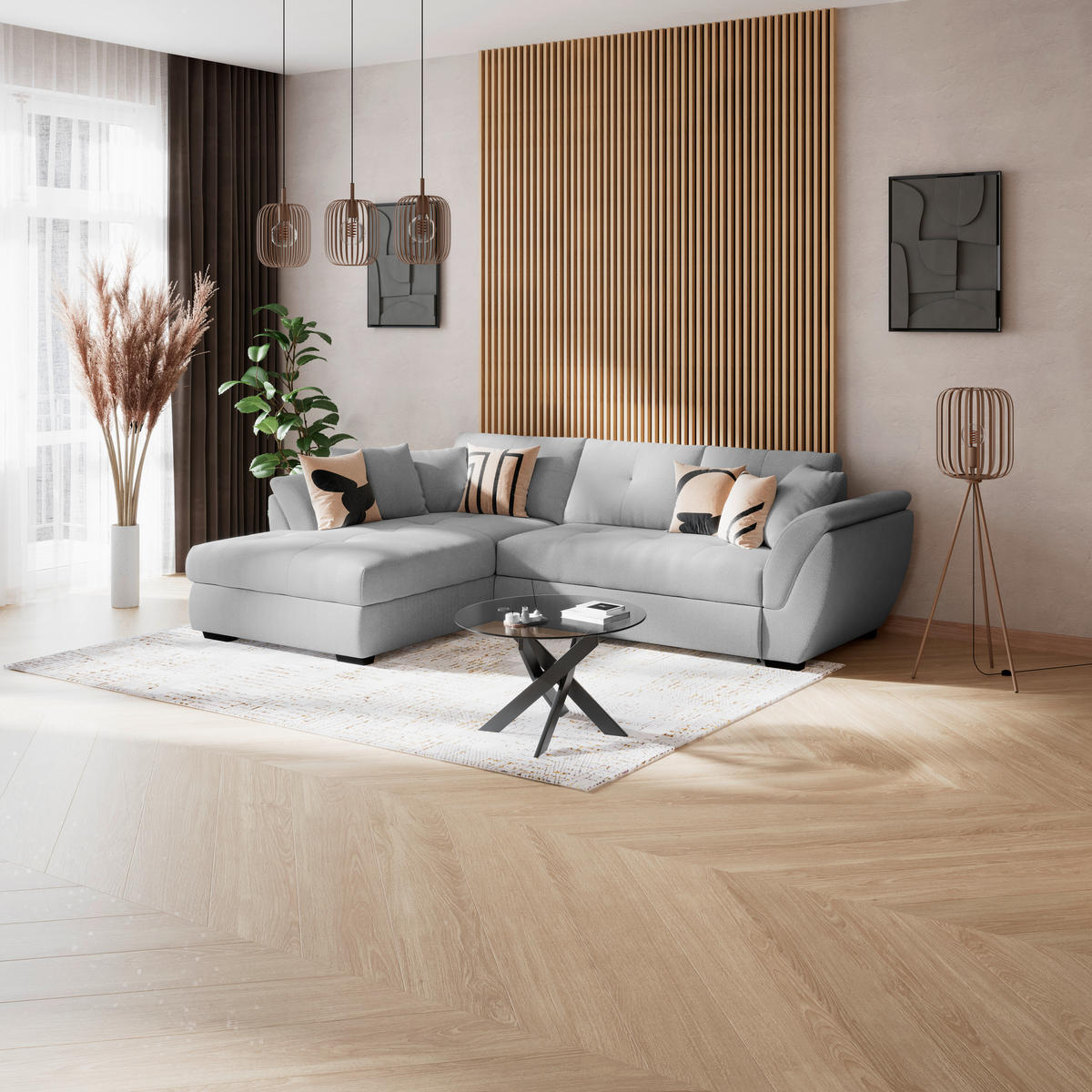 ECKSOFA Hellgrau Zierkissen, Bettkasten, Schlaffunktion, Rücken echt  - Hellgrau/Schwarz, KONVENTIONELL, Kunststoff/Textil (187/278cm) - MID.YOU