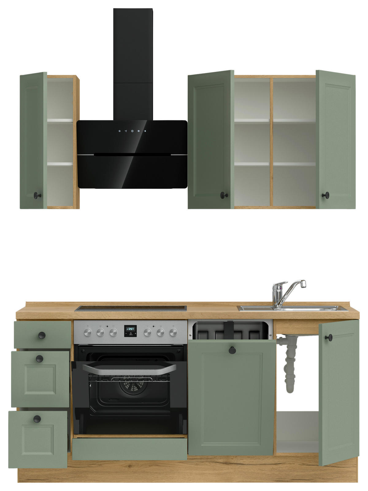 KÜCHENBLOCK Cascada 180 cm  in Eichefarben, Schilfgrün  - Schilfgrün/Eichefarben, MODERN, Holzwerkstoff/Metall (180cm) - Nobilia
