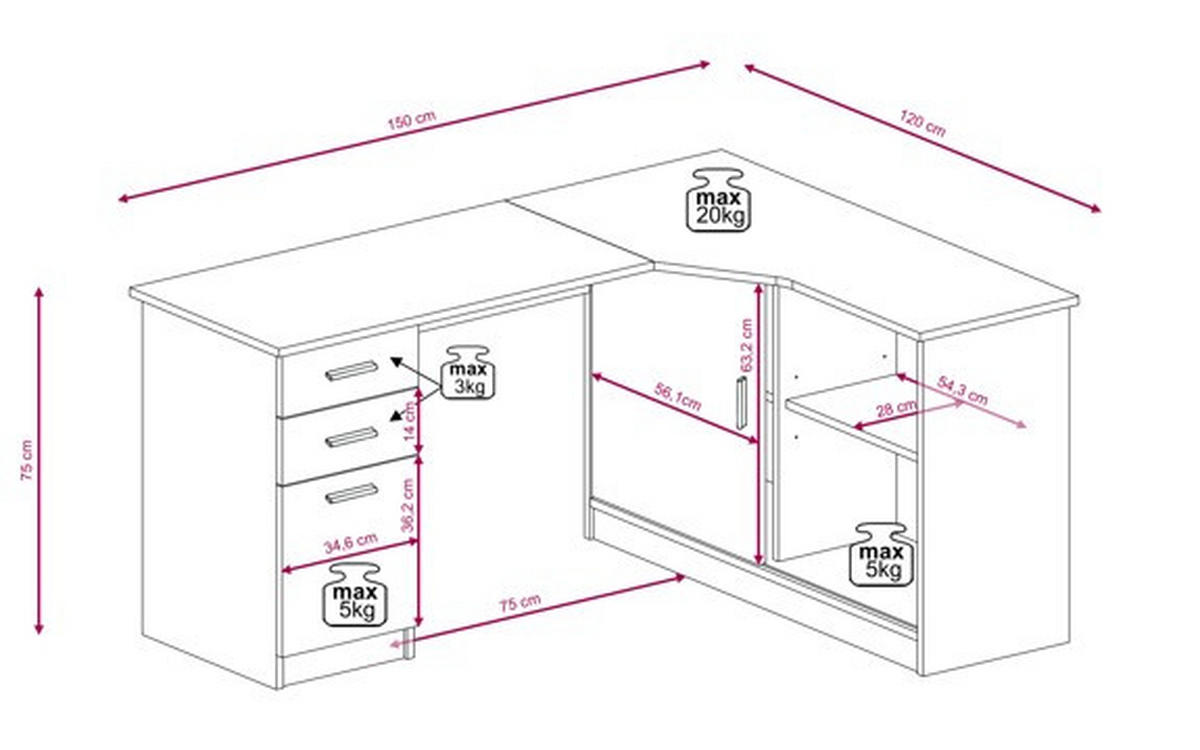 KOTNA PISALNA MIZA leseni material bela, barve hrasta  - barve hrasta/bela, Konvencionalno, umetna masa/leseni material (150/120/75cm) - Venda
