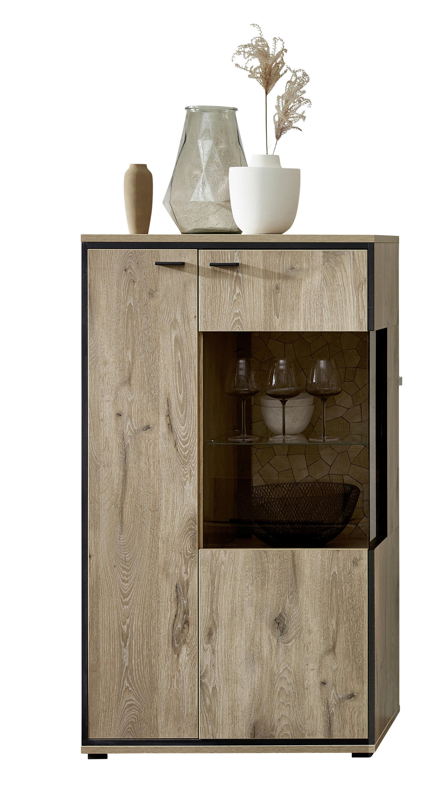 VITRINE Schwarz, Eichefarben Einlegeböden  - Eichefarben/Schwarz, KONVENTIONELL, Glas/Holzwerkstoff (80/144/40cm) - Livetastic