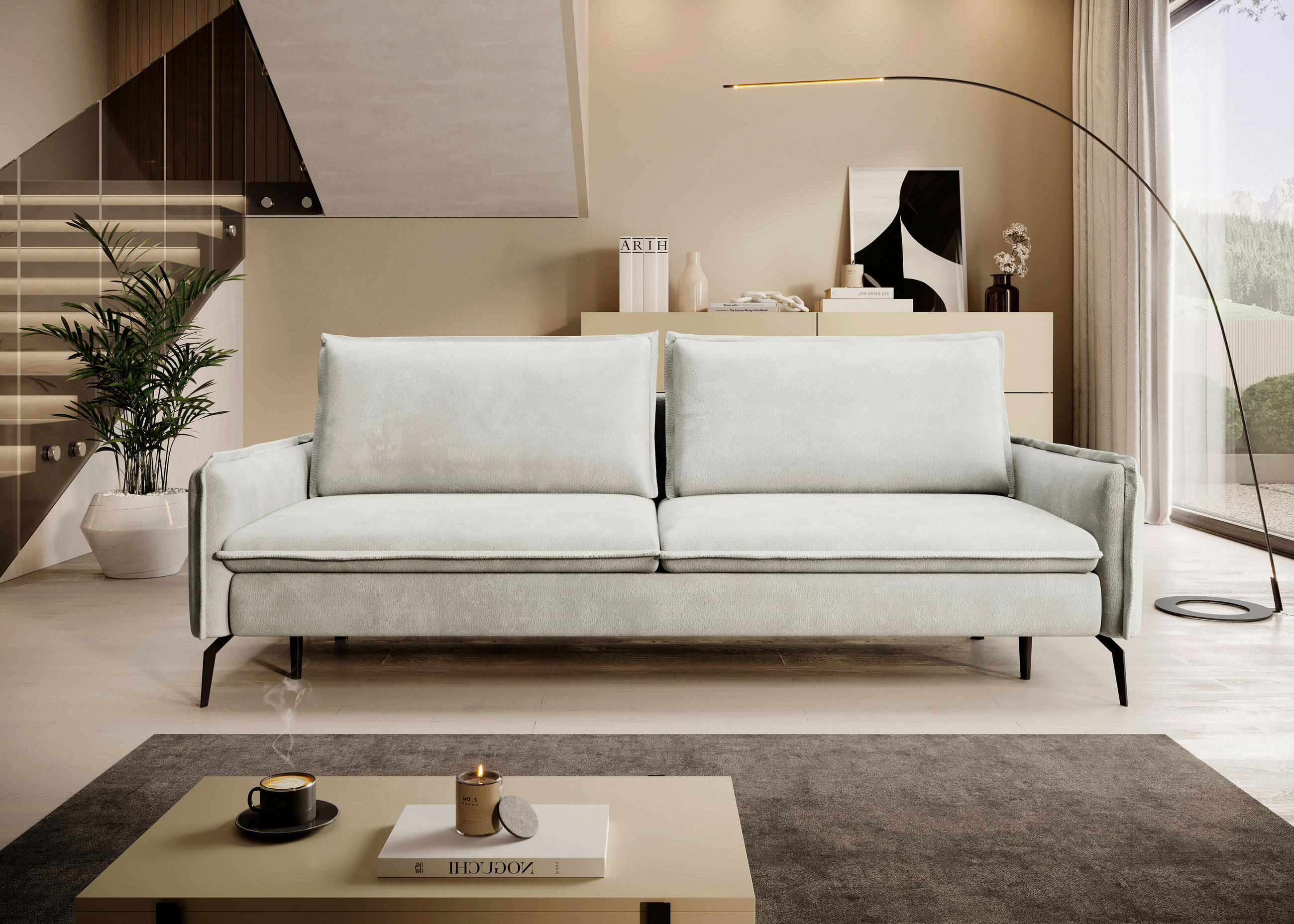 SCHLAFSOFA in Chenille Creme  - Creme/Schwarz, KONVENTIONELL, Textil/Metall (223/89/107cm) - Carryhome