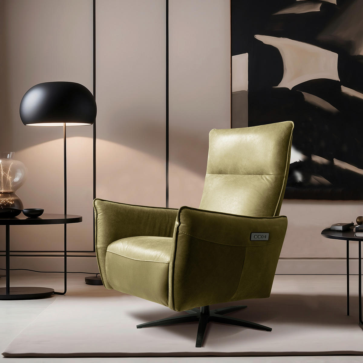RELAXSESSEL in Leder Olivgrün  - Schwarz/Olivgrün, Design, Leder/Metall (77/107/88cm) - Livetastic