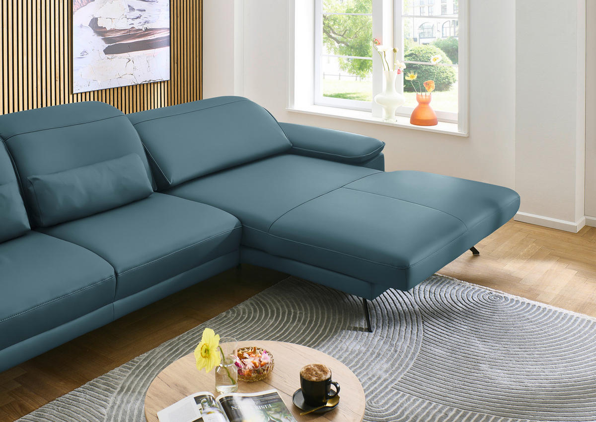 ECKSOFA in Echtleder Blau  - Blau/Schwarz, Design, Leder/Metall (332/193cm) - Dieter Knoll