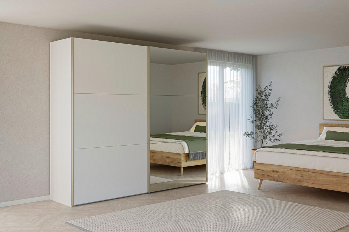 SCHWEBETÜRENSCHRANK 253/220/65 cm 2-türig Weiß  - Edelstahlfarben/Weiß, Design, Glas/Holzwerkstoff (253/220/65cm) - Jutzler