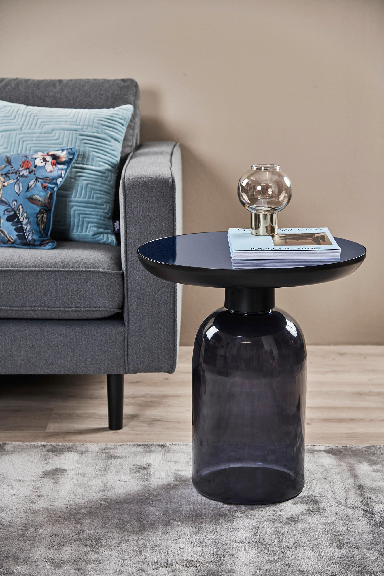 BEISTELLTISCH 50/50/55 cm Mangoholz Hartholz Grau, Schwarz rund  - Schwarz/Grau, Basics, Glas/Holz (50/50/55cm) - MID.YOU