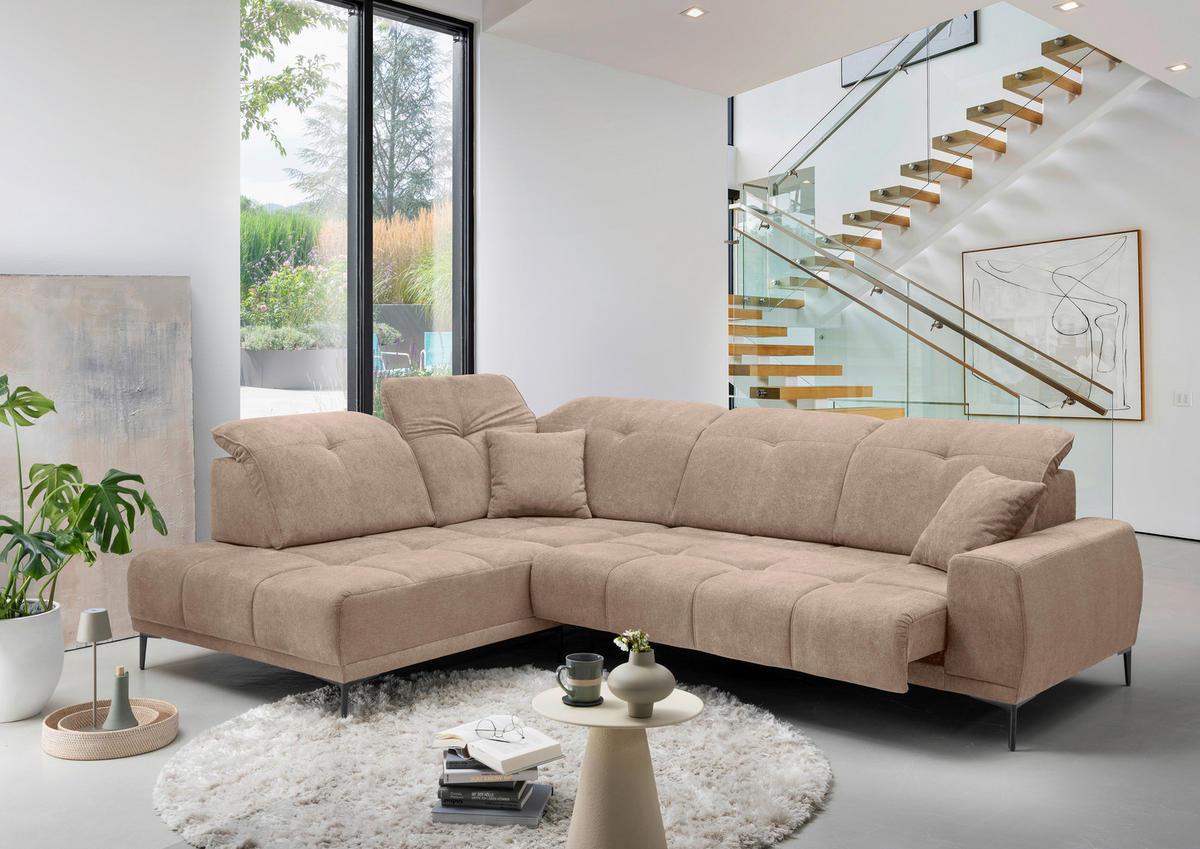 ECKSOFA Flachgewebe Hellbraun  - Hellbraun/Schwarz, Basics, Textil/Metall (232/305cm) - Livetastic