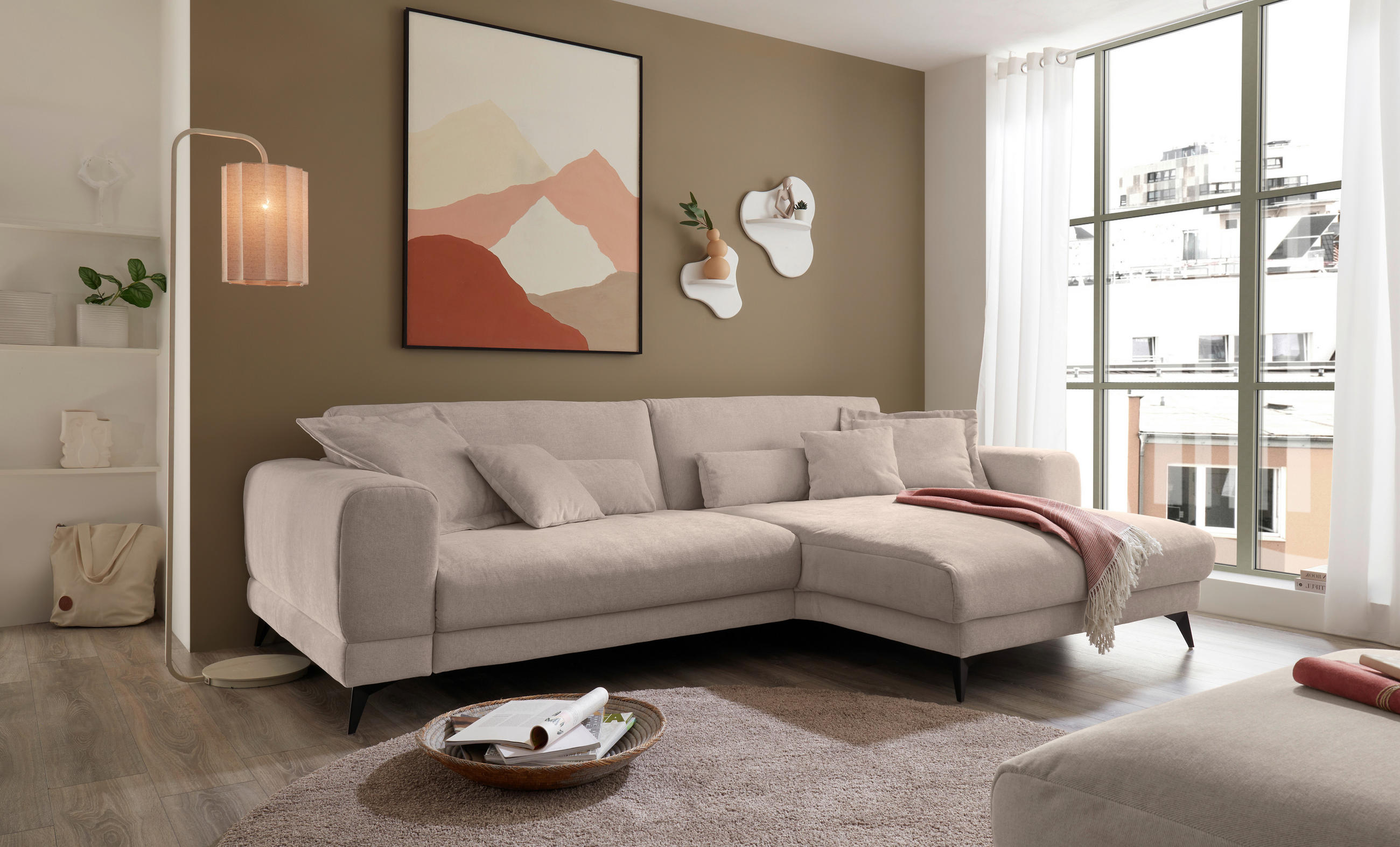 ECKSOFA Beige Chenille  - Beige/Schwarz, KONVENTIONELL, Textil/Metall (292/194cm) - SetOne by Musterring