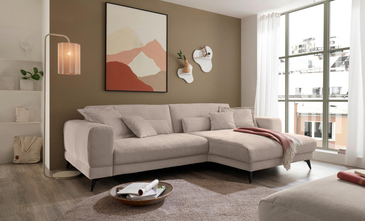 ECKSOFA Beige Chenille  - Beige/Schwarz, KONVENTIONELL, Textil/Metall (292/194cm) - SetOne by Musterring