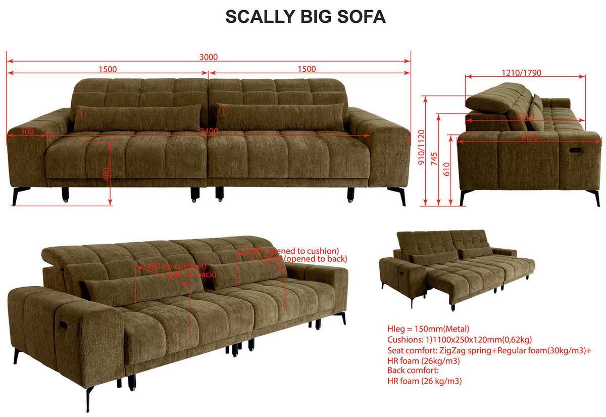 BIGSOFA Chenille Beigebraun  - Beigebraun/Schwarz, MODERN, Textil/Metall (300/112cm) - Xora