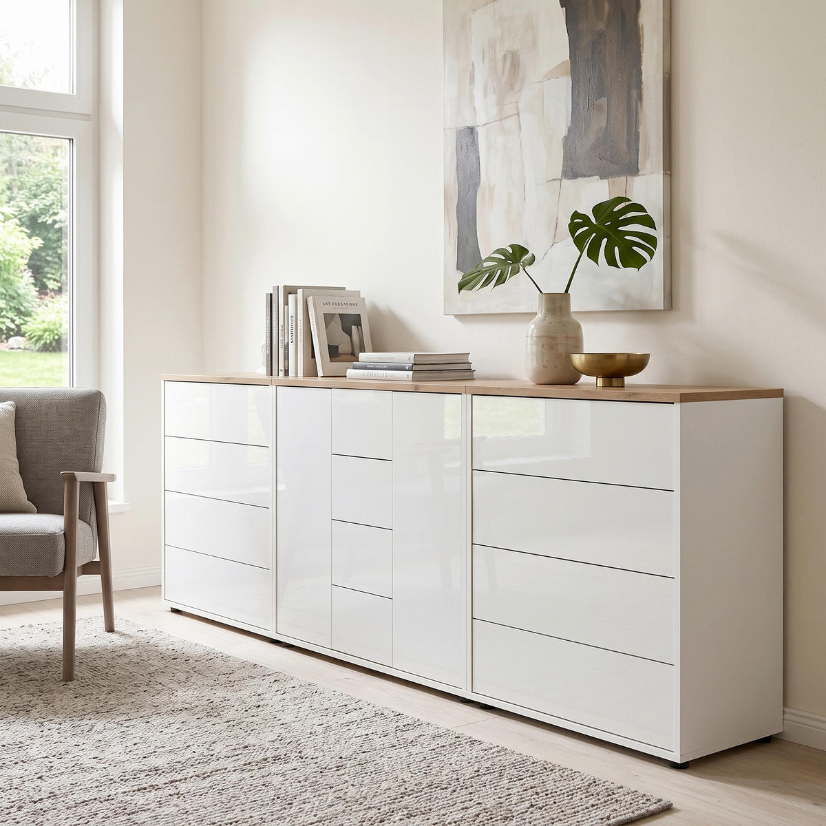SIDEBOARD Mailand Set 12 263,5/73/33 cm 12 Schublade(n)  - Weiß Hochglanz/Schwarz, MODERN, Holzwerkstoff/Kunststoff (263,5/73/33cm) - MID.YOU
