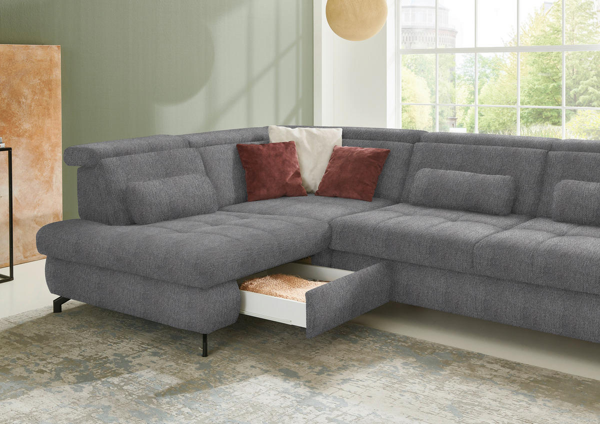 ECKSOFA in Chenille Grau  - Schwarz/Grau, Design, Textil/Metall (220/310cm) - Beldomo Style