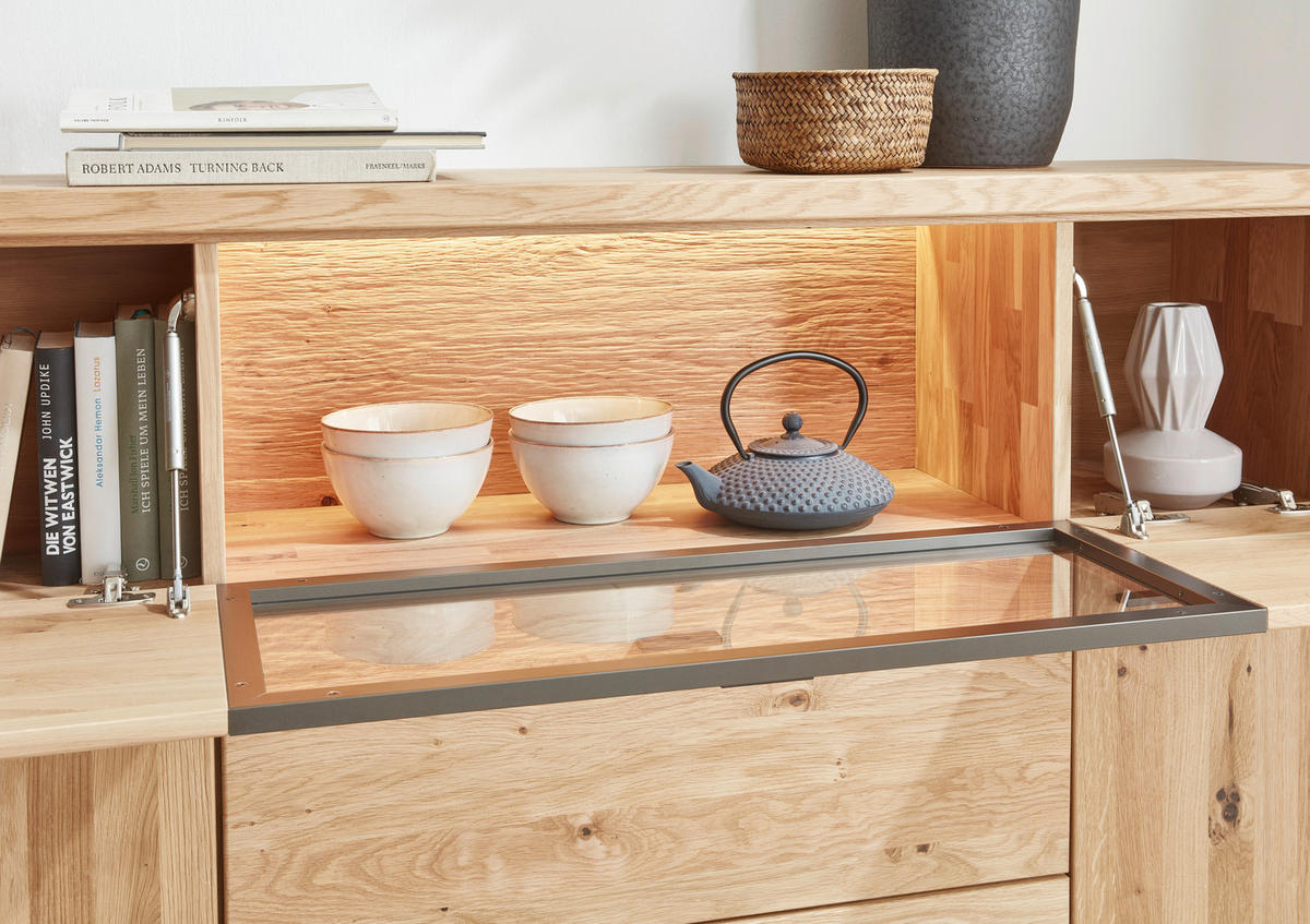 HIGHBOARD Eichefarben, Dunkelgrau  148/106/37 cm  - Wildeiche/Dunkelgrau, Design, Glas/Holz (148/106/37cm) - Valnatura