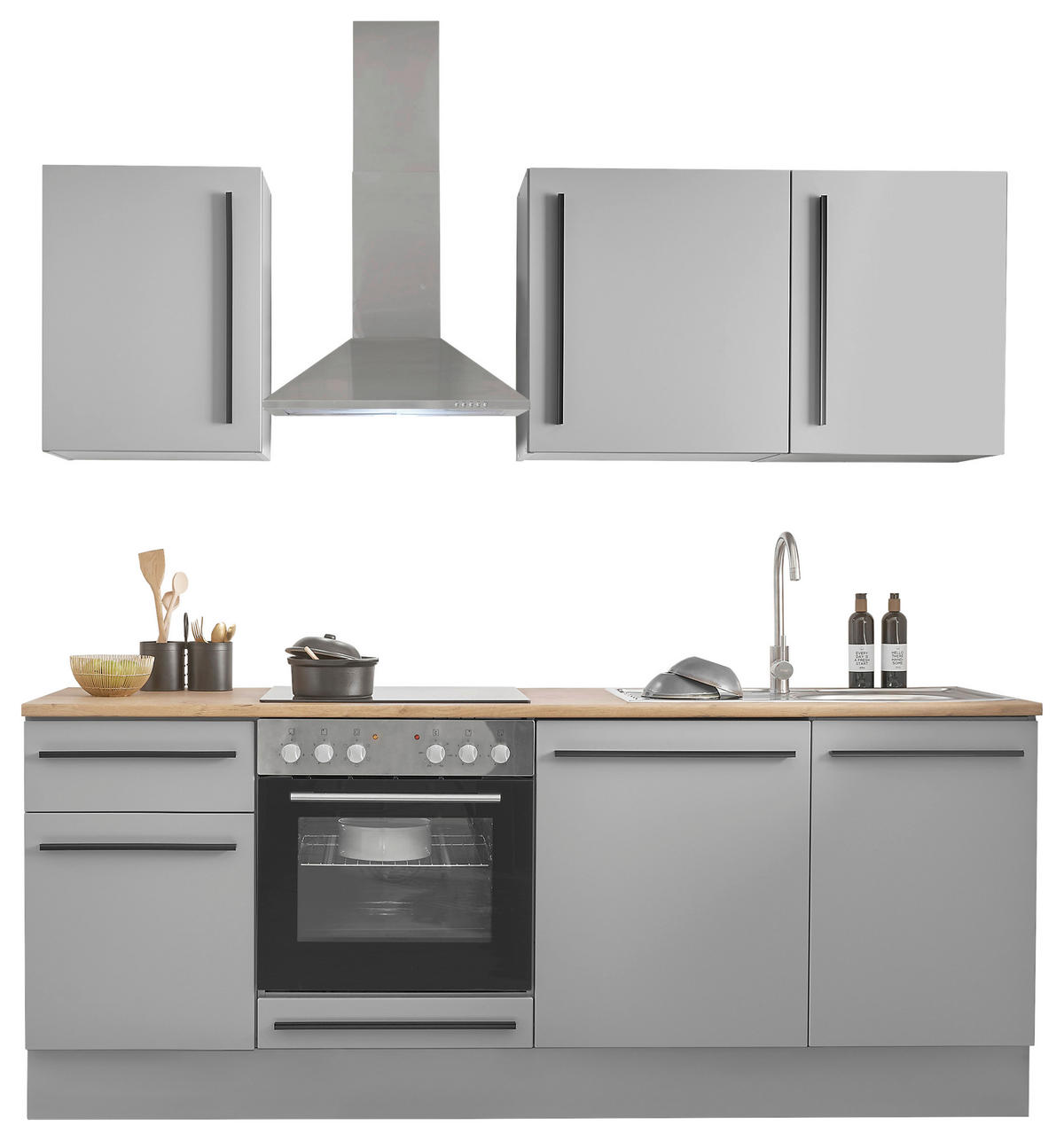 KÜCHENBLOCK 220 cm   in Grau, Eichefarben  - Eichefarben/Schwarz, Design, Holzwerkstoff/Kunststoff (220cm) - MID.YOU