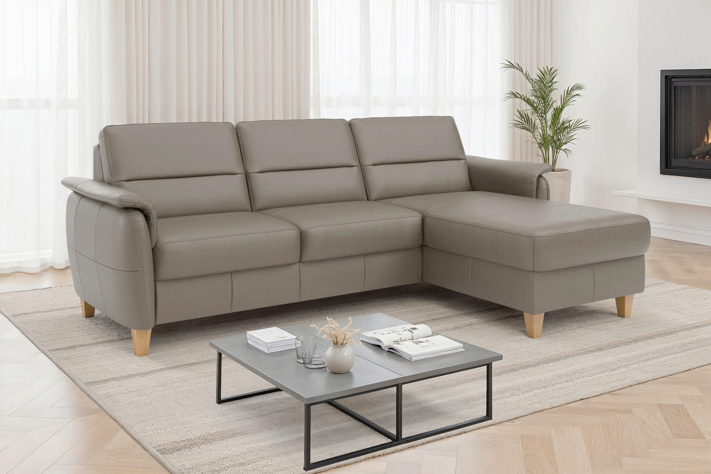 ECKSOFA PALMERA E in Echtleder Grau  244/163 cm  - Eichefarben/Grau, Basics, Leder/Holz (244/163cm) - Sit & More
